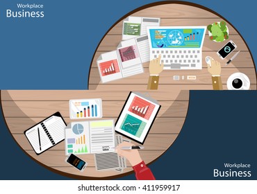 Vector Workplace businessman top view. Modern communication technologies task, leveraging Mobile,Notebook, Table,t pen and paper, diary, file a cup of coffee flat design