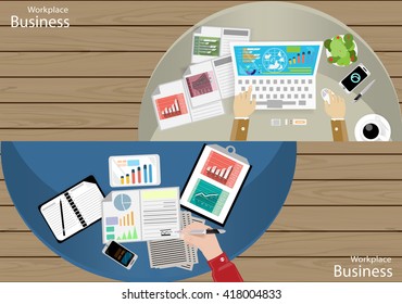 Vector Workplace businessman top view. Modern communication technologies task, leveraging Mobile,Notebook, Table,t pen and paper, diary, file a cup of coffee flat design