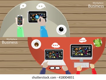 Vector Workplace businessman top view Modern communication technologies task, leveraging the mobile, Notebook, computer, tablet ,and a cup of coffee flat design