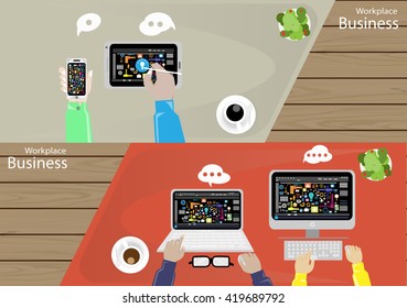 Vector Workplace businessman top view Modern communication technologies task, leveraging the mobile, Notebook, computer, tablet ,and a cup of coffee flat design