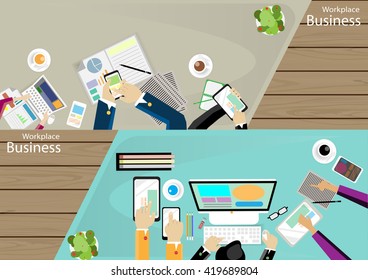 Vector Workplace businessman top view Modern communication technologies task, leveraging the mobile Notebook computer tablet paper files, pencils, glasses and coffee cups flat design