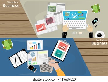 Vector Workplace businessman top view. Modern communication technologies task, leveraging Mobile,Notebook, Table,t pen and paper, diary, file a cup of coffee flat design