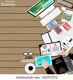 Vector Workplace businessman top view Modern communication technologies task, leveraging the mobile,computer, tablet, paper, files, pencils, glasses and coffee cups flat design
