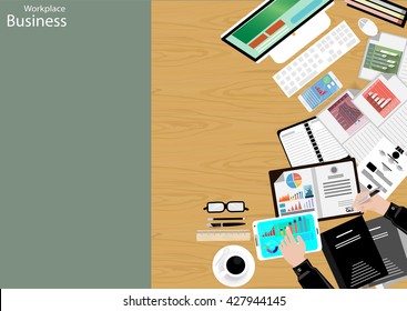 Vector Workplace businessman top view Modern communication technologies task, leveraging the mobile,Notebook, tablet, paper, files, pencils, glasses and coffee cups flat design