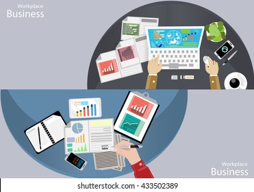 Vector Workplace businessman top view. Modern communication technologies task, leveraging Mobile,Notebook, Table,t pen and paper, diary, file a cup of coffee flat design