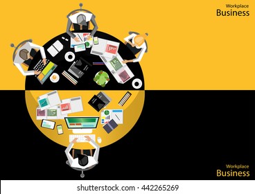 Vector Workplace businessman top view The modern mobile communication technologies task, leveraging Tablet Notebook file paper diary and coffee cups, flat design