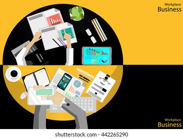 Vector Workplace businessman top view. Modern communications technologies include mobile tablet glasses, pens, pencils, rulers, paper files, diaries, and a cup of coffee flat design