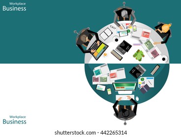 Vector Workplace businessman top view The modern mobile communication technologies task, leveraging Tablet Notebook file paper diary and coffee cups, flat design