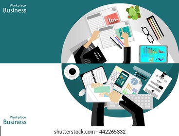 Vector Workplace businessman top view. Modern communications technologies include mobile tablet glasses, pens, pencils, rulers, paper files, diaries, and a cup of coffee flat design