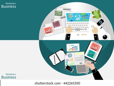 Vector Workplace businessman top view. Modern communication technologies task, leveraging Mobile,Notebook, Table,t pen and paper, diary, file a cup of coffee flat design