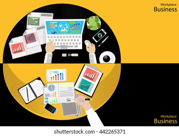 Vector Workplace businessman top view. Modern communication technologies task, leveraging Mobile,Notebook, Table,t pen and paper, diary, file a cup of coffee flat design