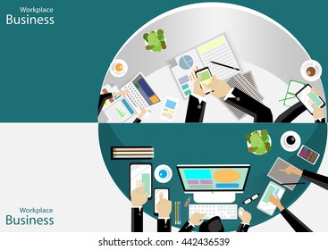 Vector Workplace businessman top view Modern communication technologies task, leveraging the mobile Notebook computer tablet paper files, pencils, glasses and coffee cups flat design