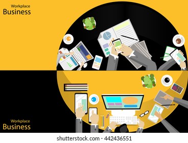 Vector Workplace businessman top view Modern communication technologies task, leveraging the mobile Notebook computer tablet paper files, pencils, glasses and coffee cups flat design