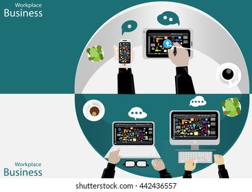 Vector Workplace businessman top view Modern communication technologies task, leveraging the mobile, Notebook, computer, tablet ,and a cup of coffee flat design