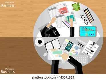 Vector Workplace businessman top view. Modern communications technologies include mobile tablet glasses, pens, pencils, rulers, paper files, diaries, and a cup of coffee flat design