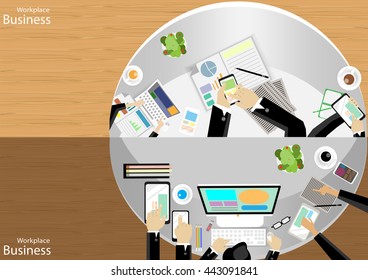 Vector Workplace businessman top view Modern communication technologies task, leveraging the mobile Notebook computer tablet paper files, pencils, glasses and coffee cups flat design