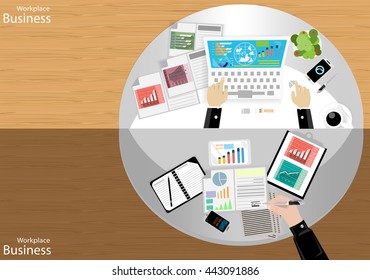 Vector Workplace businessman top view. Modern communication technologies task, leveraging Mobile,Notebook, Table,t pen and paper, diary, file a cup of coffee flat design