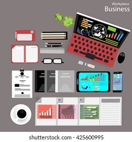 Vector Workplace businessman viewed the use of modern communication technologies, notebooks, tablets, mobile phones, cameras,  pencils, rulers, notebooks, paper and a cup of coffee flat design