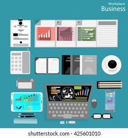Vector Workplace businessman viewed the use of modern communication technologies, notebooks, tablets, mobile phones, cameras,  pencils, rulers, notebooks, paper and a cup of coffee flat design