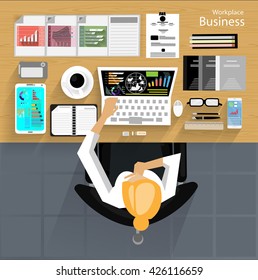 Vector Workplace businessman viewed the use of modern communications technology, notebook,mobile phone, chair, glasses, pens, pencils, rulers, folders, notebooks, paper and a cup of coffee