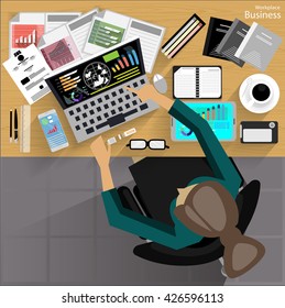 Vector Workplace businessman viewed the use of modern communications technology, notebook,mobile phone, chair, glasses, pens, pencils, rulers, folders, notebooks, paper and a cup of coffee