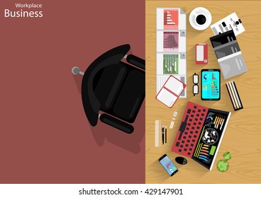 Vector Workplace businessman viewed the use of modern communications technology, notebook,mobile phone, chair, glasses, pens, pencils, rulers, folders, notebooks, paper and a cup of coffee