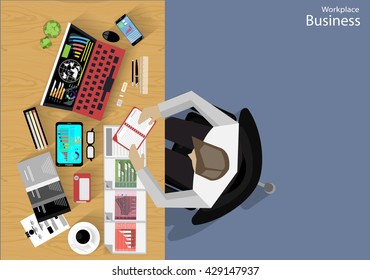 Vector Workplace businessman viewed the use of modern communications technology, notebook,mobile phone, chair, glasses, pens, pencils, rulers, folders, notebooks, paper and a cup of coffee