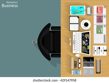 Vector Workplace businessman viewed the use of modern communications technology, notebook,mobile phone, chair, glasses, pens, pencils, rulers, folders, notebooks, paper and a cup of coffee
