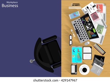 Vector Workplace businessman viewed the use of modern communications technology, notebook,mobile phone, chair, glasses, pens, pencils, rulers, folders, notebooks, paper and a cup of coffee