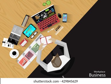 Vector Workplace businessman viewed the use of modern communications technology, notebook,mobile phone, chair, glasses, pens, pencils, rulers, folders, notebooks, paper and a cup of coffee