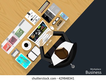 Vector Workplace businessman viewed the use of modern communications technology, notebook,mobile phone, chair, glasses, pens, pencils, rulers, folders, notebooks, paper and a cup of coffee
