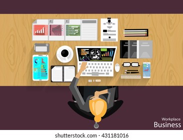 Vector Workplace businessman viewed the use of modern communications technology, notebook,mobile phone, chair, glasses, pens, pencils, rulers, folders, notebooks, paper and a cup of coffee