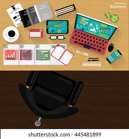 Vector Workplace businessman viewed the use of modern communications technology, notebook,mobile phone, chair, glasses, pens, pencils, rulers, folders, notebooks, paper and a cup of coffee