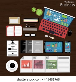 Vector Workplace businessman viewed the use of modern communication technologies, notebooks, tablets, mobile phones, cameras, pencils, rulers, notebooks, paper and a cup of coffee flat design