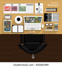 Vector Workplace businessman viewed the use of modern communications technology, notebook,mobile phone, chair, glasses, pens, pencils, rulers, folders, notebooks, paper and a cup of coffee