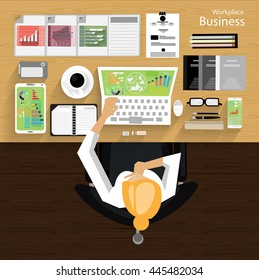 Vector Workplace businessman viewed the use of modern communications technology, notebook,mobile phone, chair, glasses, pens, pencils, rulers, folders, notebooks, paper and a cup of coffee