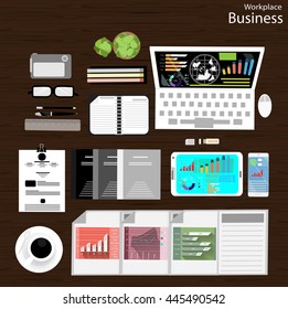 Vector Workplace businessman viewed the use of modern communication technologies, notebooks, tablets, mobile phones, cameras, pencils, rulers, notebooks, paper and a cup of coffee flat design
