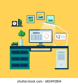 Vector workplace with computer desk, books, computer, desk lamp, calendar, pictures. Vector illustration, postcard, poster.