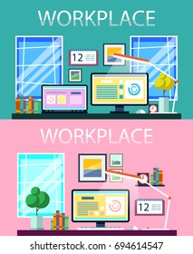 Vector workplace with computer desk, books, computer, desk lamp, calendar, pictures. Vector illustration, postcard, poster.