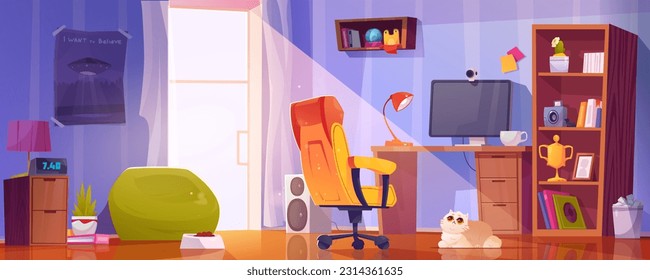 Lugar de trabajo de vectores con computadora para estudio y gato. Mobiliario interior para adolescentes o niños con escritorio, monitor, afiche, goblet y sillón. Streaming de configuración de imágenes planas adolescentes con pc y webcam