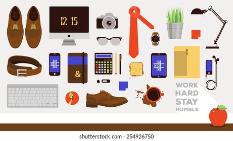 Vector workplace concept. Set of business icons in flat design. Every day carry businessman office items collection. Outfit accessories, things, tools, devices, essentials, equipment. Man workplace