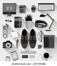 Vector workplace concept. Set of business icons in flat design. Every day carry businessman items collection. outfit accessories, things, tools, devices, essentials, equipment, objects. Man workplace