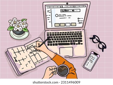 lugar de trabajo vectorial en el portátil doméstico, gafas teléfono móvil, café, planta, ilustración dibujada a mano