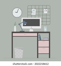 Vector workplace interior decor with table, clock, computer, books, lamp and other room stuff.