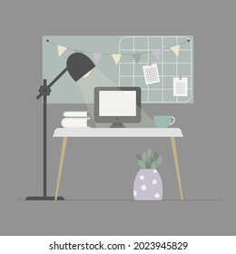 Vector workplace interior decor for work at home with lamp, desk, table, computer, books, plant and cup of coffee.