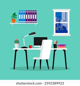 vector workplace interior with laptop, clock, coffee cup and plant on desk, home office