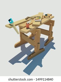 Vector workplace of a joiner. Sawing boards with a hand saw. Cup of hot coffee with steam. Low poly vector illustration.
