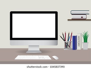 Vector Workplace mock up concept. Mock up modern home decor desktop computer with vintage books, houseplant. Artist work space with copy space for products display montage. Mockup desktop.