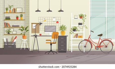 Vector workplace modern design. Home office, studio, cabinet or home workspace of frelancer interior with desktop, PC computer, bookshelves plants, furnitures and bicycle. Contemporary room flat style