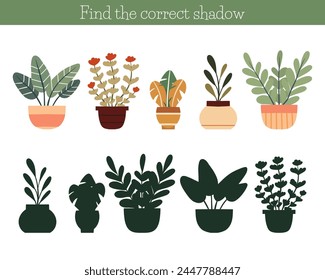 Vector worksheet find the right shade for plants in pots. Educational template with houseplants in vases for kindergarten and school games.